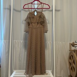 Tan polka dot cold shoulder halter dress (b2)